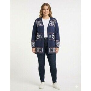 Catherines Women’s 4X Fair Isle Snowflake Cardigan Sweater Blue Red White Knit